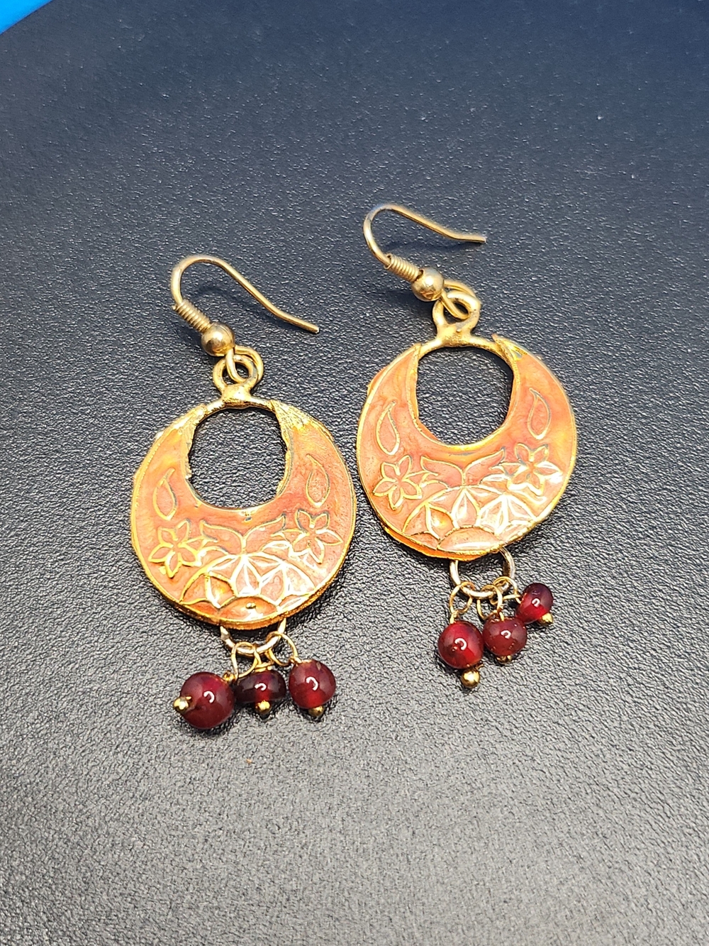 Gold Floral Crescent Earrings with Red Bead Drops